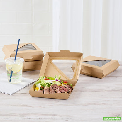 Wholesale Restaurantware Eco Tek Square Kraft Paper Corrugated Clamshell Container - with Pla Window - 6 1/2" X 6 1/2" X 2" - 100 Count Box- Bulk