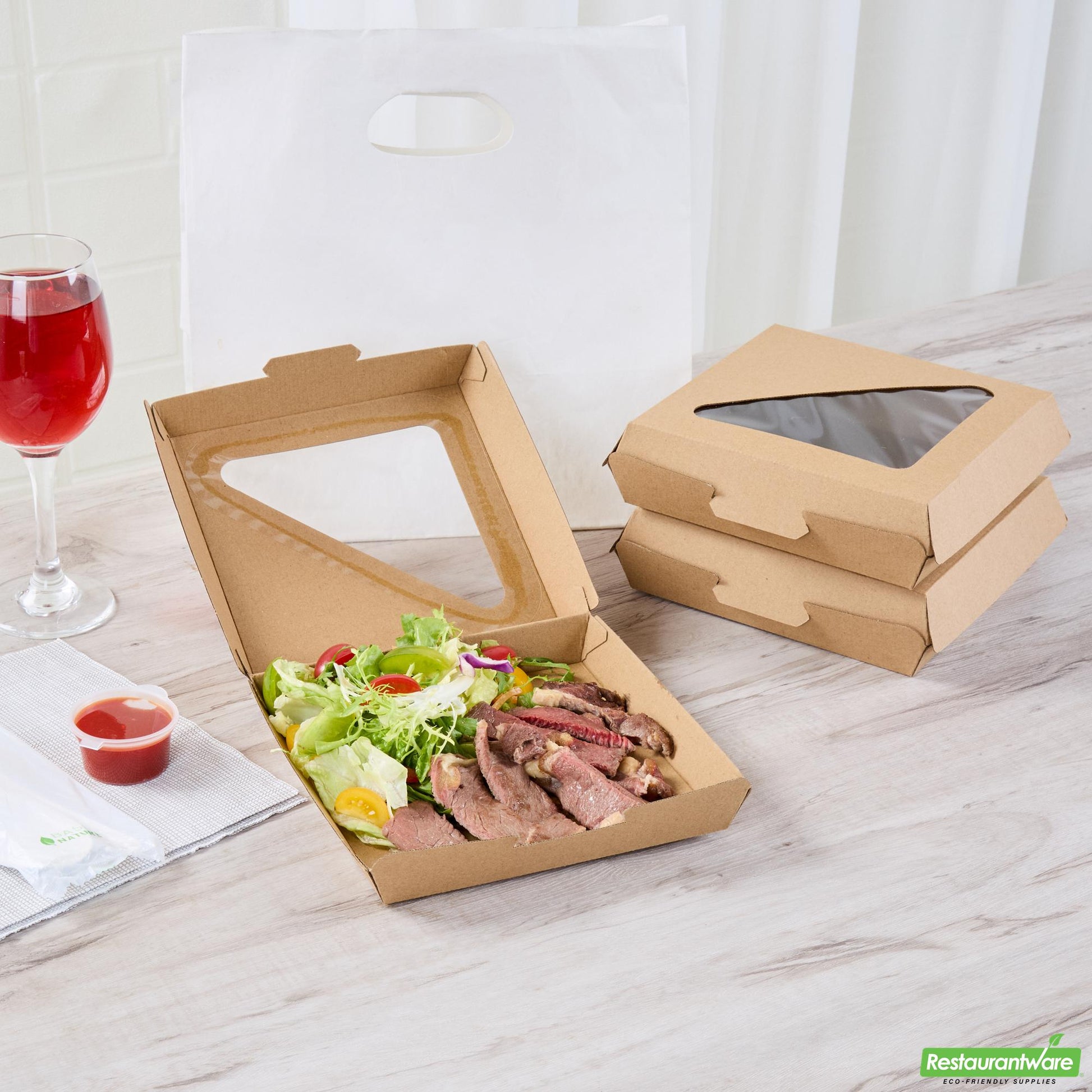 Wholesale Restaurantware Eco Tek Square Kraft Paper Corrugated Clamshell Container - with Pla Window - 6 1/2" X 6 1/2" X 2" - 100 Count Box- Bulk