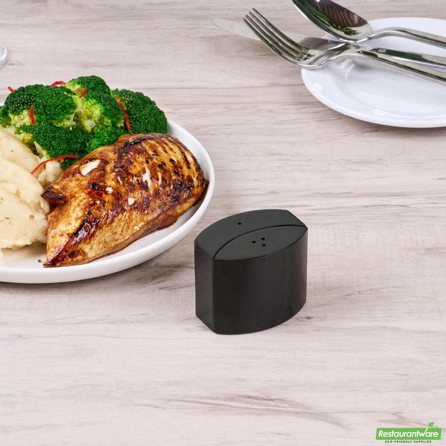 Wholesale Restaurantware 4 Oz Black Stainless Steel Embracing Salt and Pepper Shaker Set - 2.3 oz/2.1 Oz - 2 1/2" X 2" X 1 3/4" - 1 Count Box- Bulk