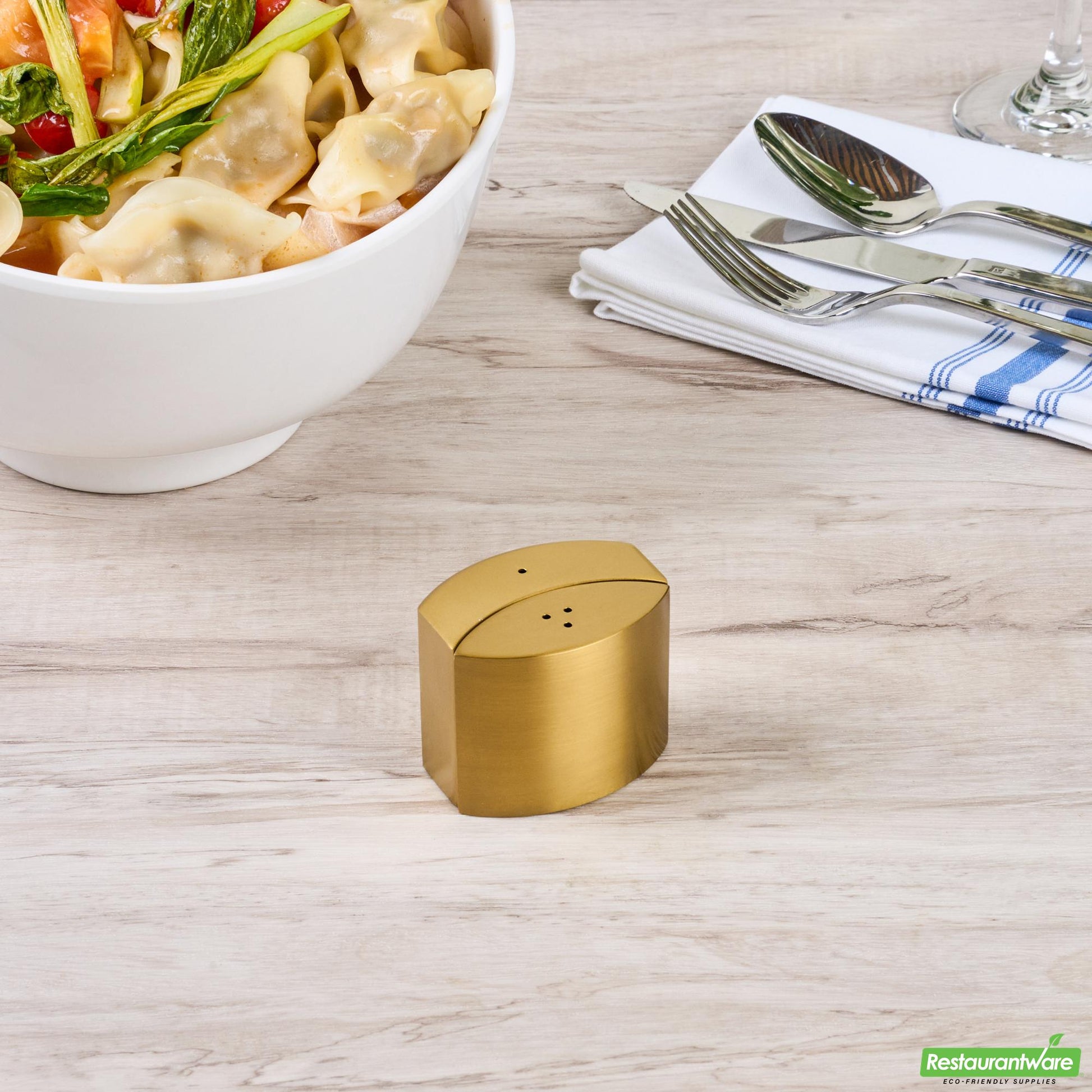 Wholesale Restaurantware 4 Oz Gold Stainless Steel Embracing Salt and Pepper Shaker Set - 2.3 oz/2.1 Oz - 2 1/2" X 2" X 1 3/4" - 1 Count Box- Bulk
