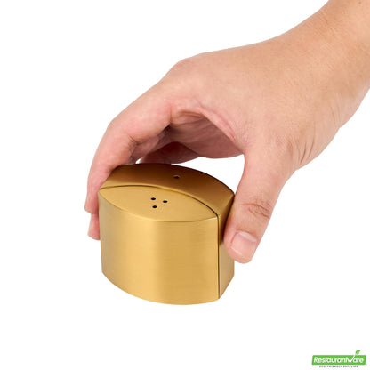 Wholesale Restaurantware 4 Oz Gold Stainless Steel Embracing Salt and Pepper Shaker Set - 2.3 oz/2.1 Oz - 2 1/2" X 2" X 1 3/4" - 1 Count Box- Bulk