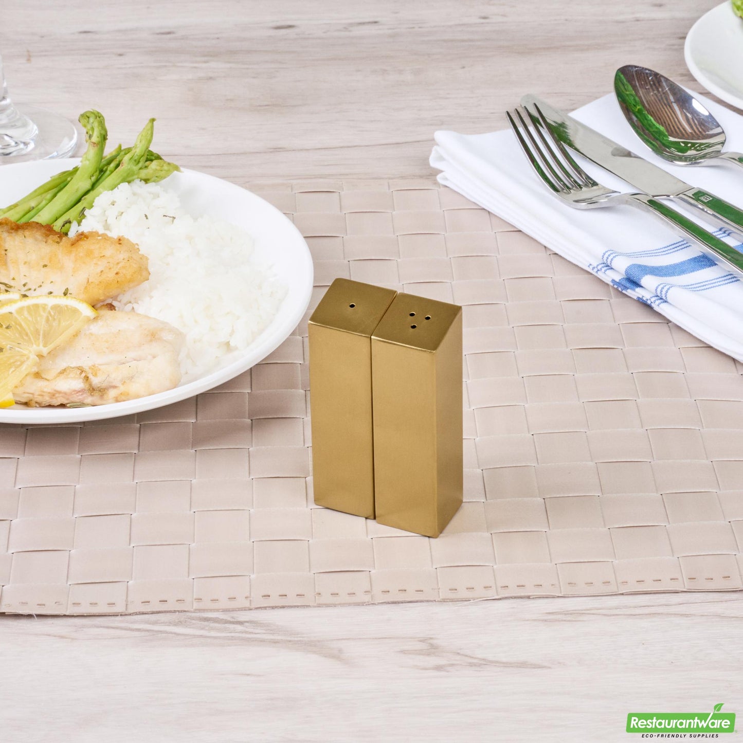 Wholesale Restaurantware 2 Oz Gold Stainless Steel Rectangular Salt and Pepper Shaker Set - 1" X 1" X 3 1/4" - 1 Count Box- Bulk