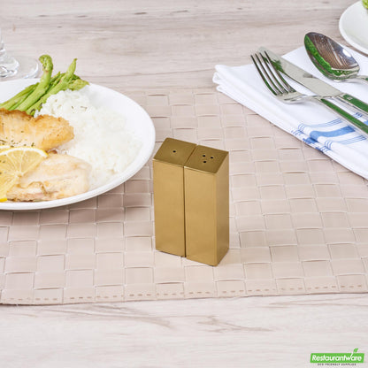 Wholesale Restaurantware 2 Oz Gold Stainless Steel Rectangular Salt and Pepper Shaker Set - 1" X 1" X 3 1/4" - 1 Count Box- Bulk