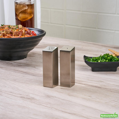 Wholesale Restaurantware 2 Oz Sliver Stainless Steel Rectangular Salt and Pepper Shaker Set - 1" X 1" X 3 1/4" - 1 Count Box- Bulk