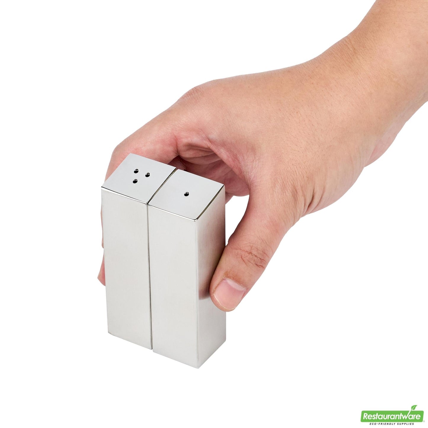 Wholesale Restaurantware 2 Oz Sliver Stainless Steel Rectangular Salt and Pepper Shaker Set - 1" X 1" X 3 1/4" - 1 Count Box- Bulk