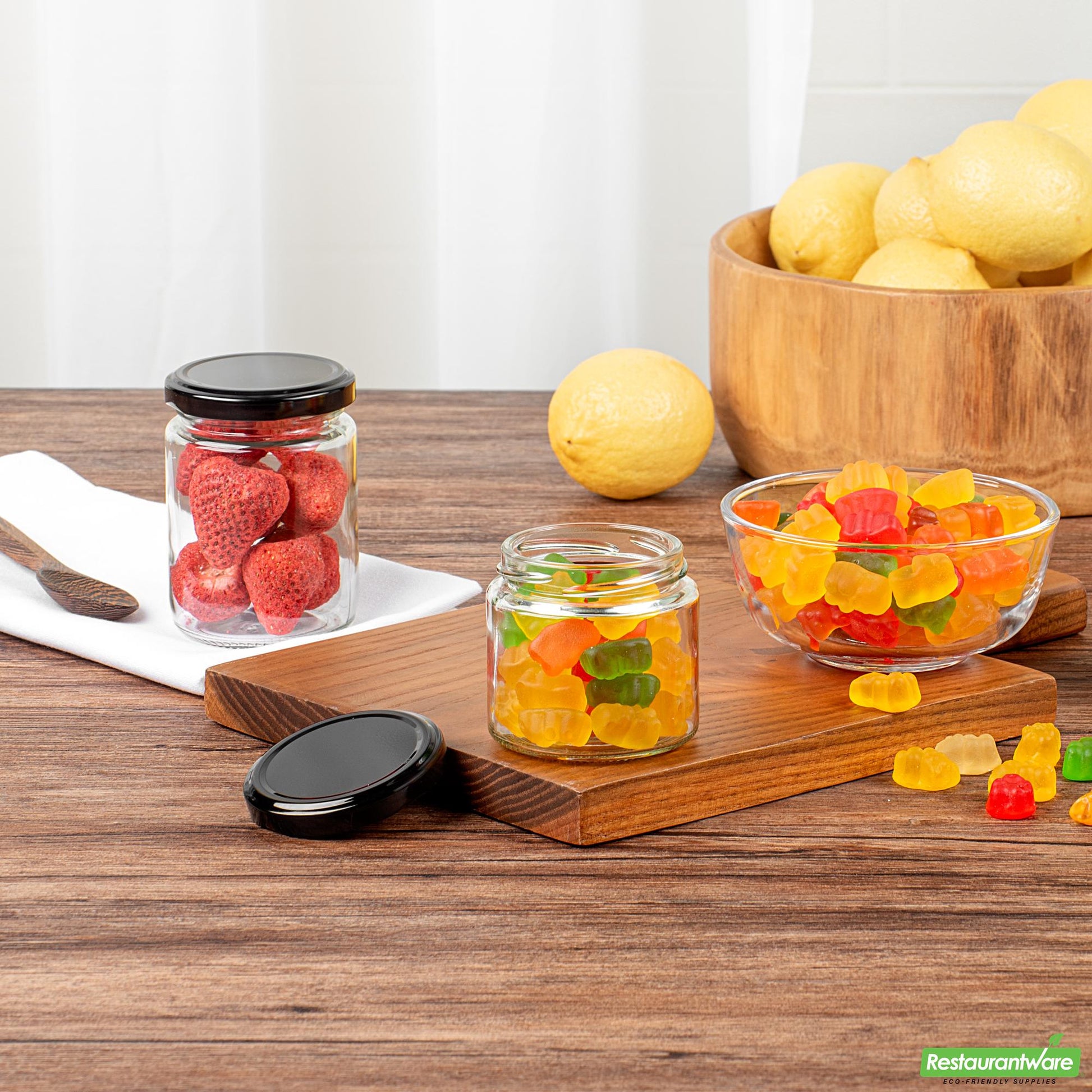 Wholesale Restaurantware Vetri 6 Oz Clear Glass Jar - with Black Metal Lid - 2 3/4" X 2 3/4" X 2 1/2" - 100 Count Box- Bulk