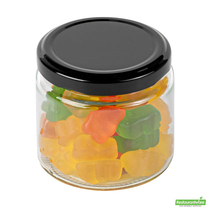 Wholesale Restaurantware Vetri 6 Oz Clear Glass Jar - with Black Metal Lid - 2 3/4" X 2 3/4" X 2 1/2" - 100 Count Box- Bulk
