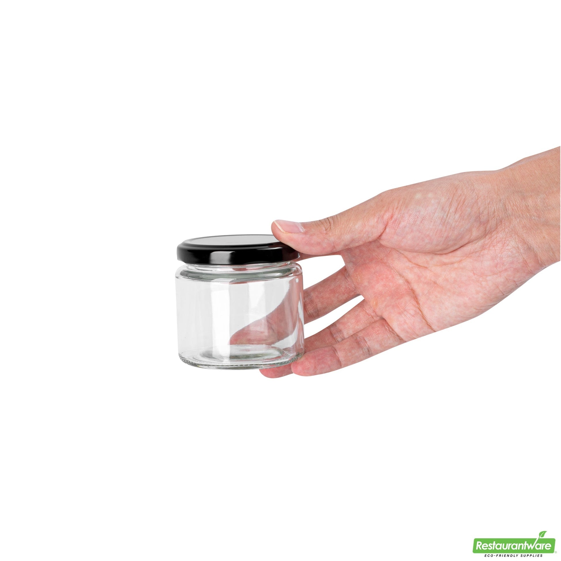 Wholesale Restaurantware Vetri 6 Oz Clear Glass Jar - with Black Metal Lid - 2 3/4 X 2 3/4 X 2 1/2 - 10 Count Box- Bulk