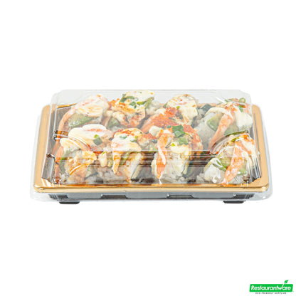 Wholesale Restaurantware Roku Rectangle Gold Plastic Take Out Sushi Tray - with Clear Lid - 6 1/2" X 4 1/4" X 1 1/2" - 100 Count Box- Bulk