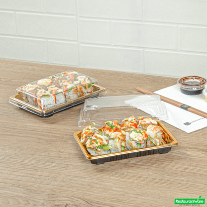Wholesale Restaurantware Roku Rectangle Gold Plastic Take Out Sushi Tray - with Clear Lid - 6 1/2" X 4 1/4" X 1 1/2" - 100 Count Box- Bulk