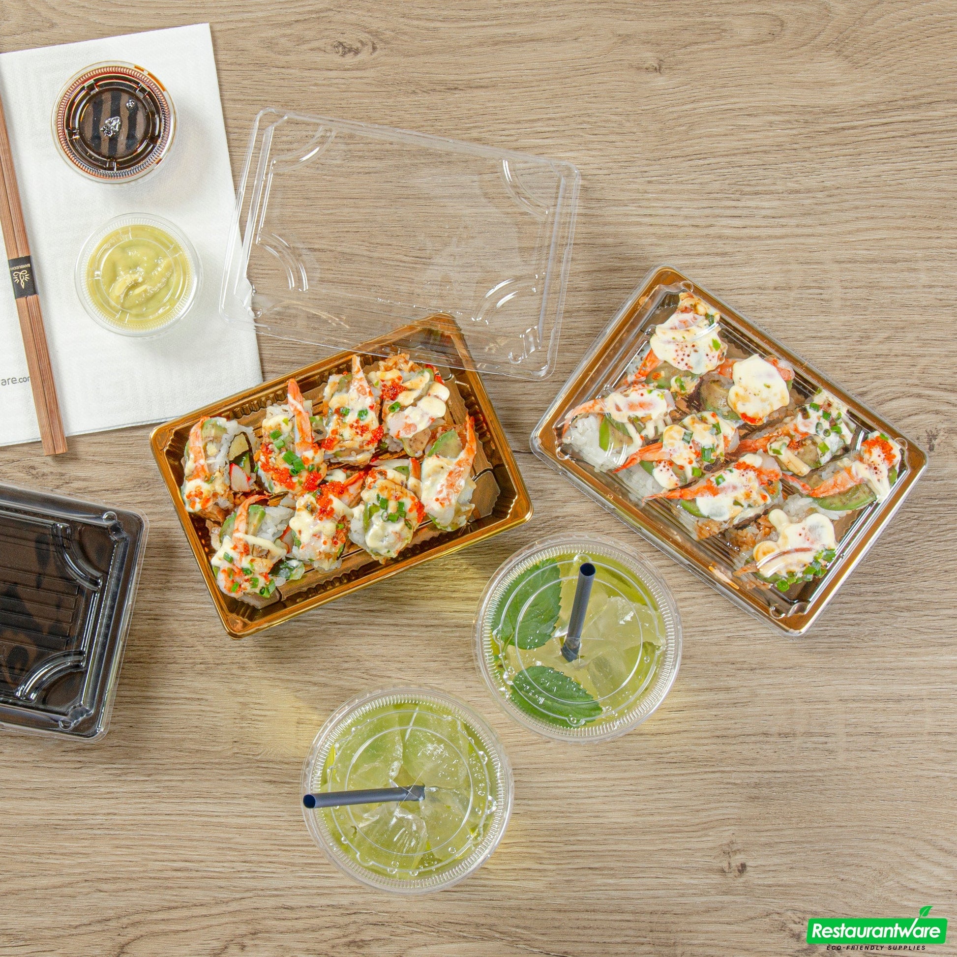 Wholesale Restaurantware Roku Rectangle Gold Plastic Take Out Sushi Tray - with Clear Lid - 6 1/2" X 4 1/4" X 1 1/2" - 100 Count Box- Bulk