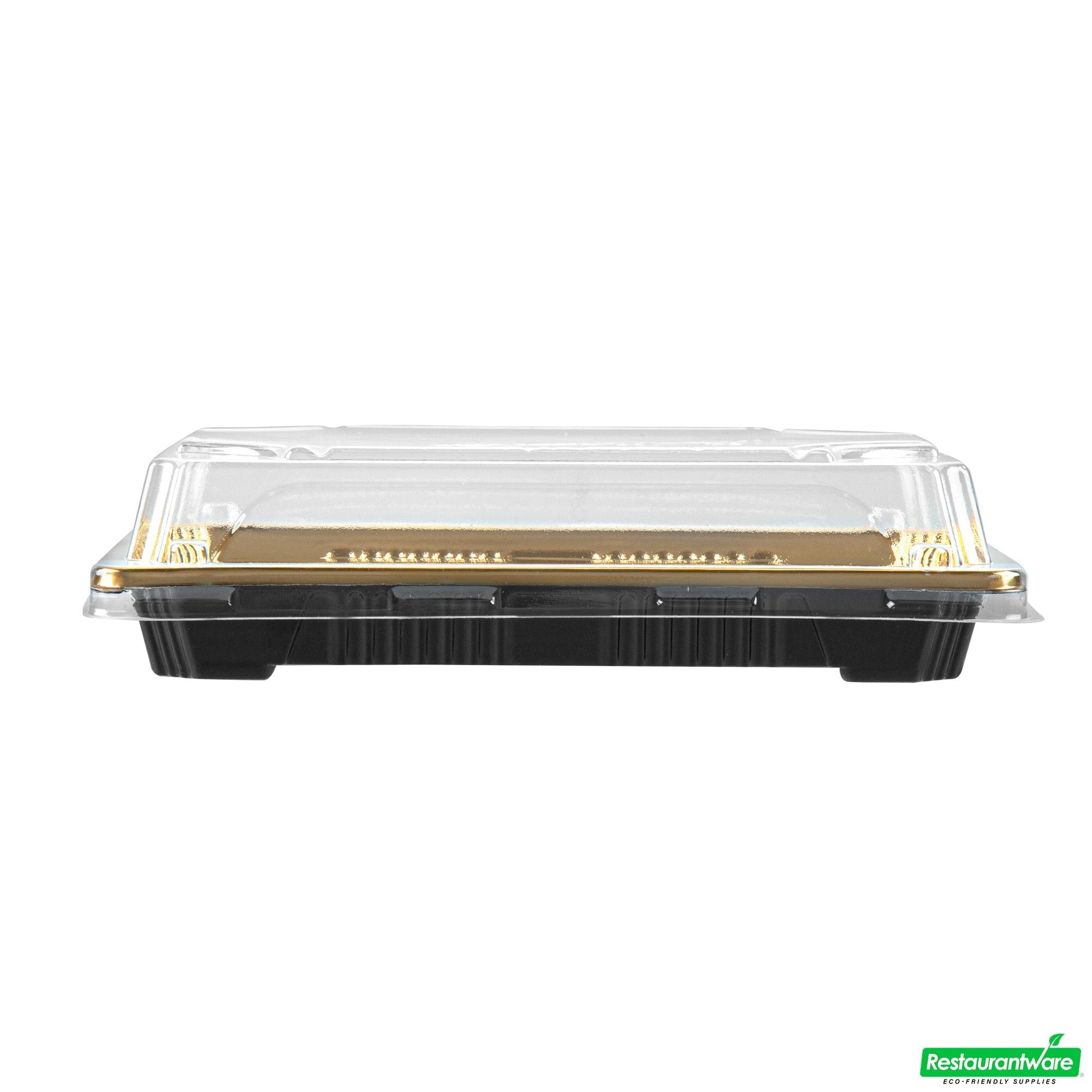 Wholesale Restaurantware Roku Rectangle Gold Plastic Take Out Sushi Tray - with Clear Lid - 6 1/2" X 4 1/4" X 1 1/2" - 100 Count Box- Bulk