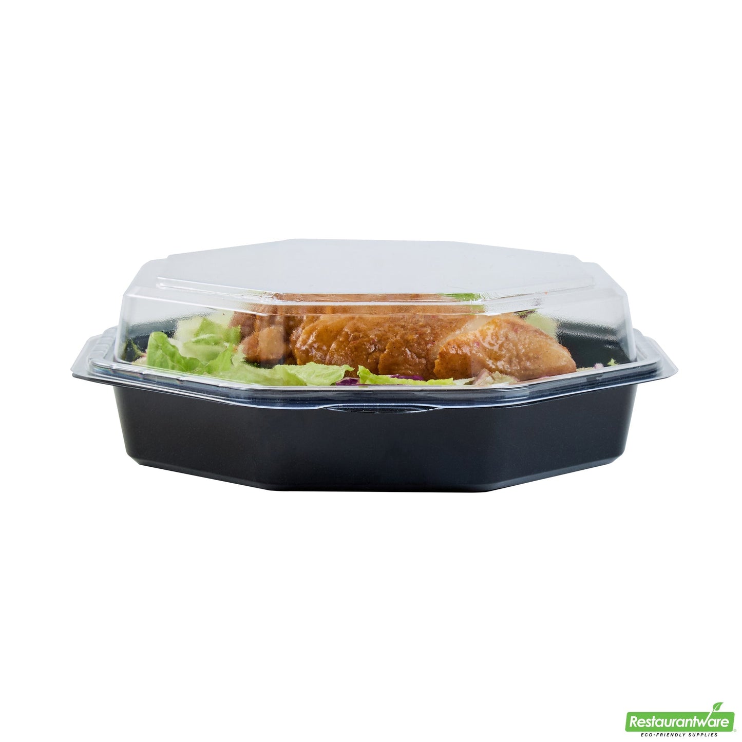 Wholesale Restaurantware Octagon Black Plastic Food Container - with Clear Lid - 7 1/2" X 7 1/2" X 2 1/4" - 100 Count Box- Bulk
