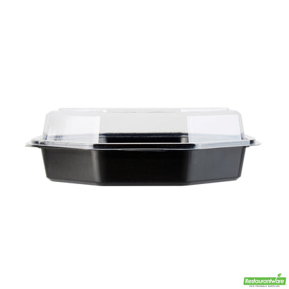 Wholesale Restaurantware Octagon Black Plastic Food Container - with Clear Lid - 7 1/2" X 7 1/2" X 2 1/4" - 100 Count Box- Bulk