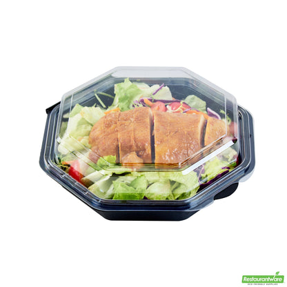 Wholesale Restaurantware Octagon Black Plastic Food Container - with Clear Lid - 7 1/2" X 7 1/2" X 2 1/4" - 100 Count Box- Bulk