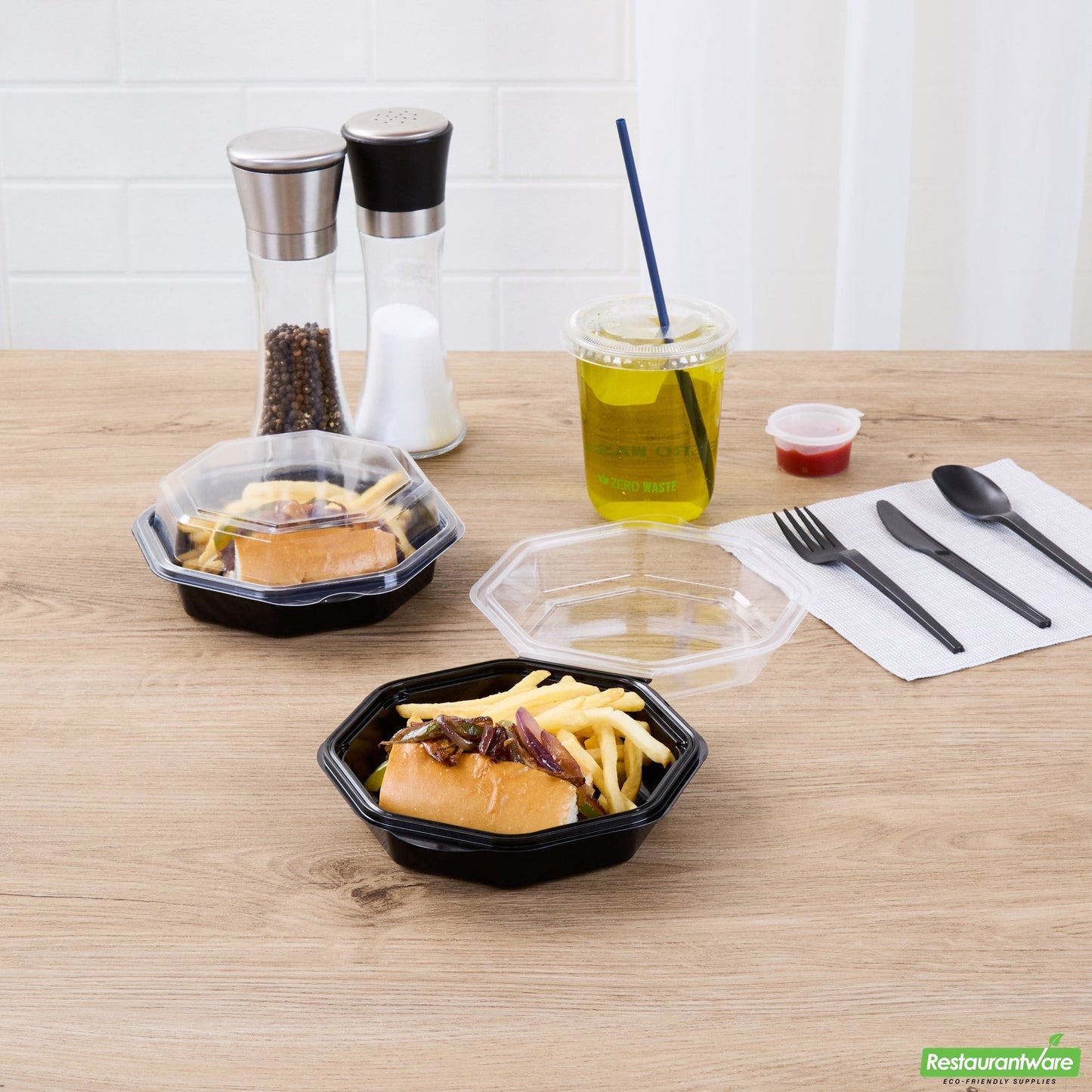 Wholesale Restaurantware Octagon Black Plastic Food Container - with Clear Lid - 6 1/4" X 6 1/4" X 2" - 100 Count Box- Bulk