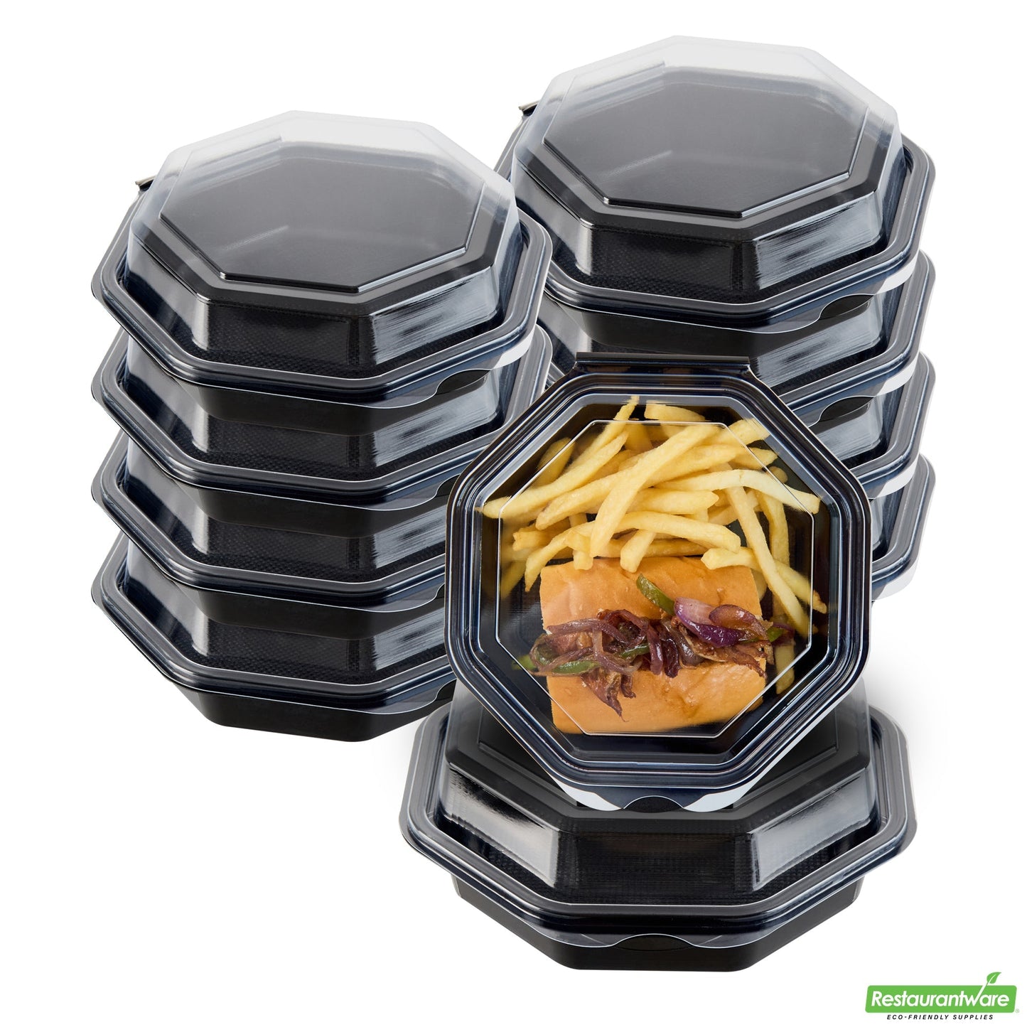 Wholesale Restaurantware Octagon Black Plastic Food Container - with Clear Lid - 6 1/4" X 6 1/4" X 2" - 100 Count Box- Bulk