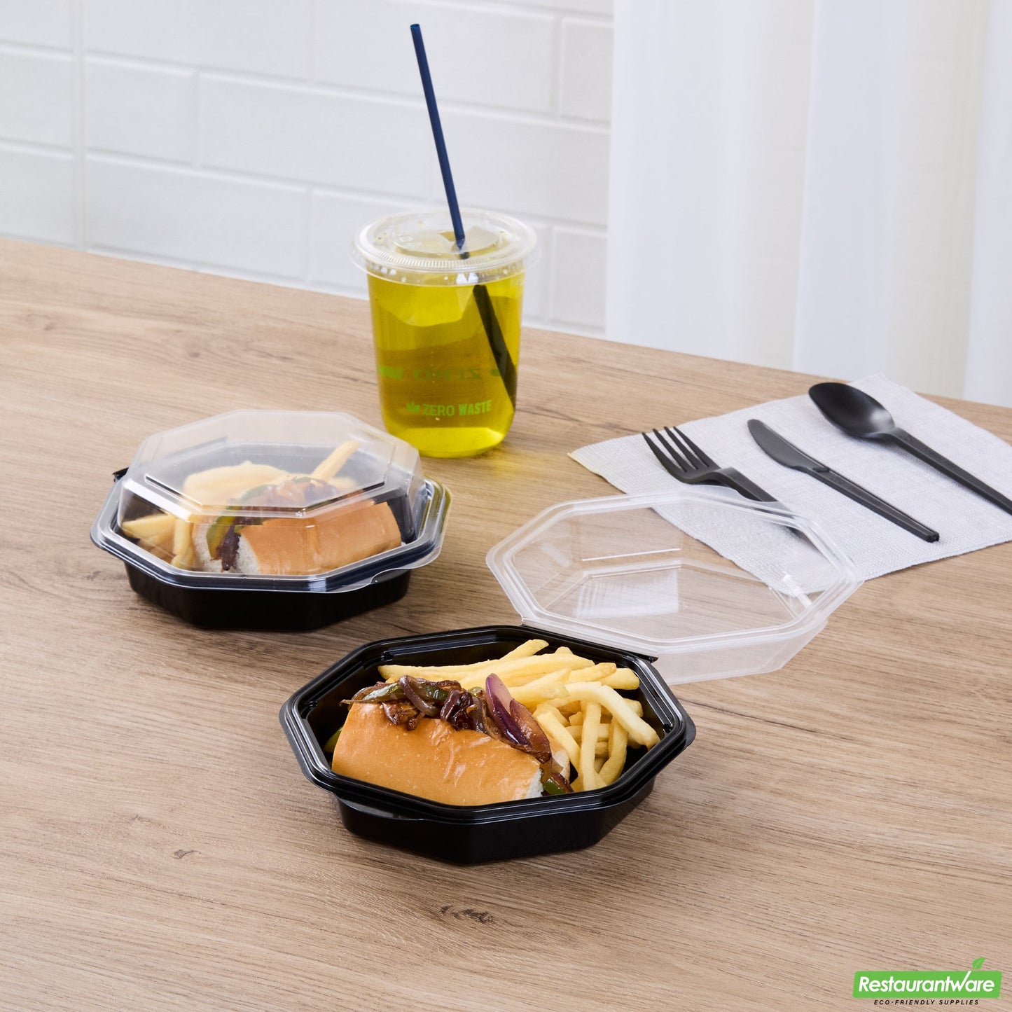 Wholesale Restaurantware Octagon Black Plastic Food Container - with Clear Lid - 6 1/4" X 6 1/4" X 2" - 100 Count Box- Bulk