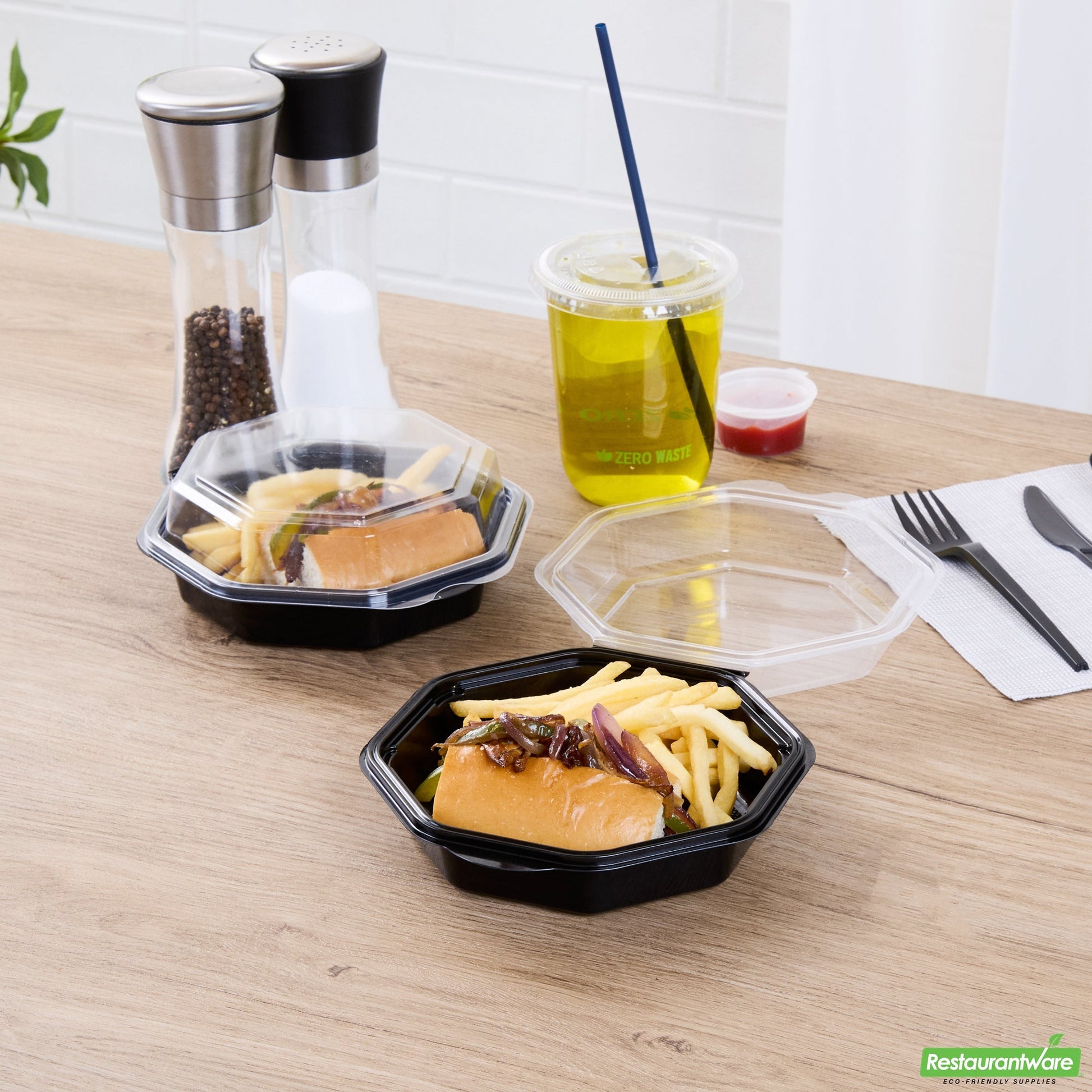 Wholesale Restaurantware Octagon Black Plastic Food Container - with Clear Lid - 6 1/4" X 6 1/4" X 2" - 100 Count Box- Bulk