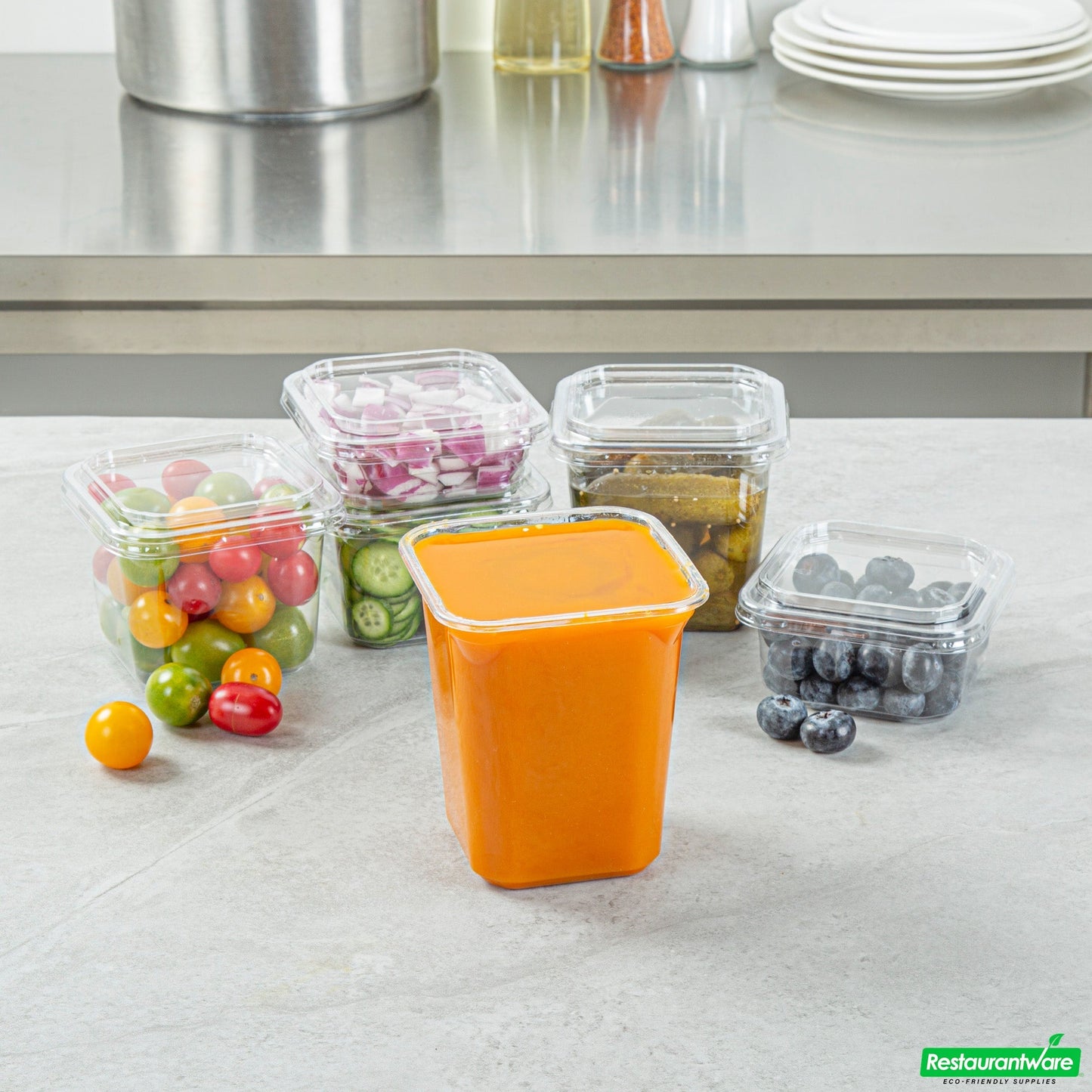 Wholesale Restaurantware Thermo Tek 32 Oz Square Clear Plastic Deli / Snack Container - 4 1/2" X 4 1/2" X 5 1/4" - 100 Count Box- Bulk