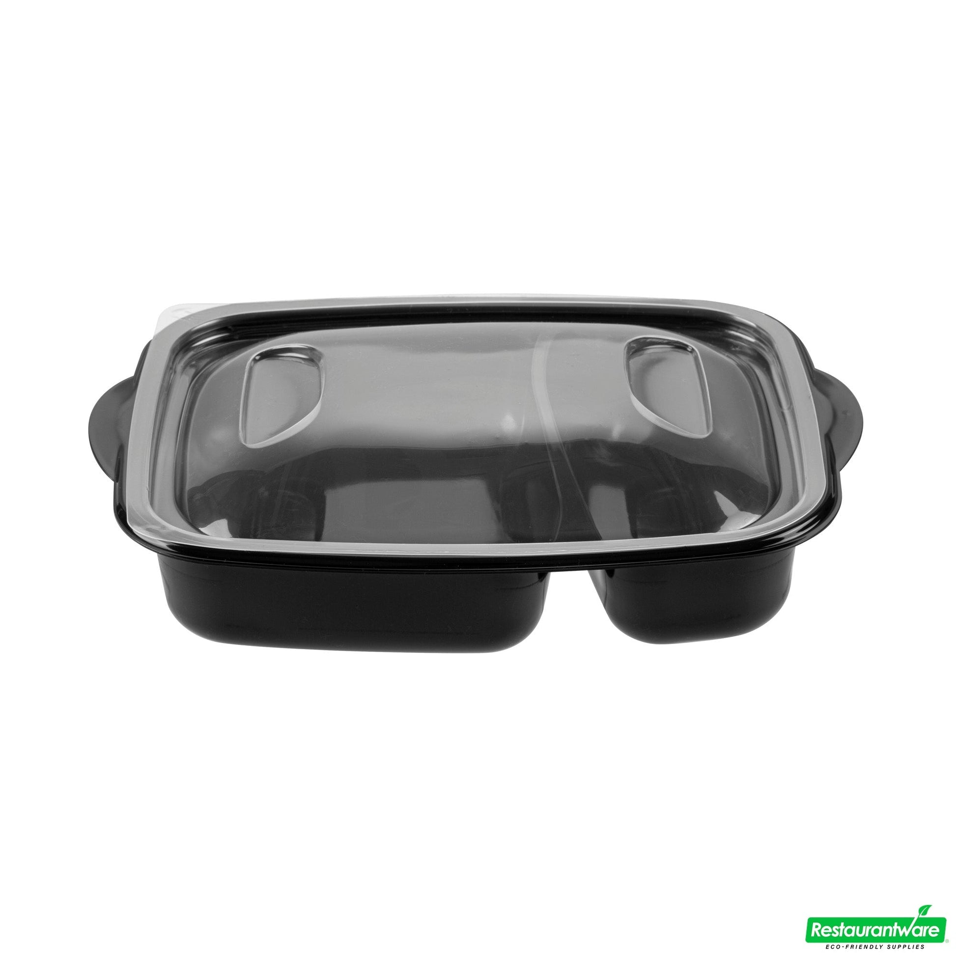 Wholesale Restaurantware 36 Oz Rectangle Black Plastic Food Container - with Clear Lid, Microwavable, 2 Compartments - 8 3/4" X 7" X 2 1/4" - 100 Count Box- Bulk