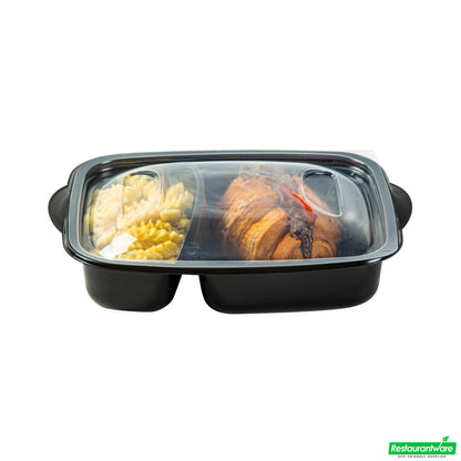 Wholesale Restaurantware 36 Oz Rectangle Black Plastic Food Container - with Clear Lid, Microwavable, 2 Compartments - 8 3/4" X 7" X 2 1/4" - 100 Count Box- Bulk