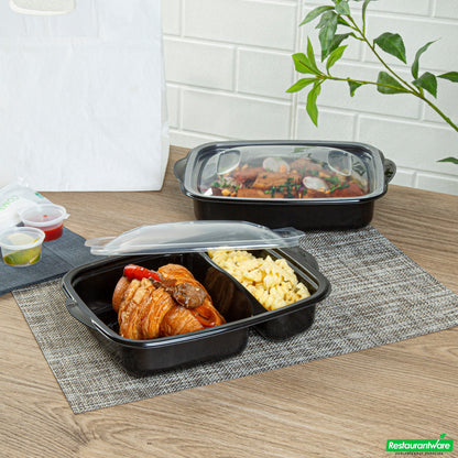 Wholesale Restaurantware 36 Oz Rectangle Black Plastic Food Container - with Clear Lid, Microwavable, 2 Compartments - 8 3/4" X 7" X 2 1/4" - 100 Count Box- Bulk