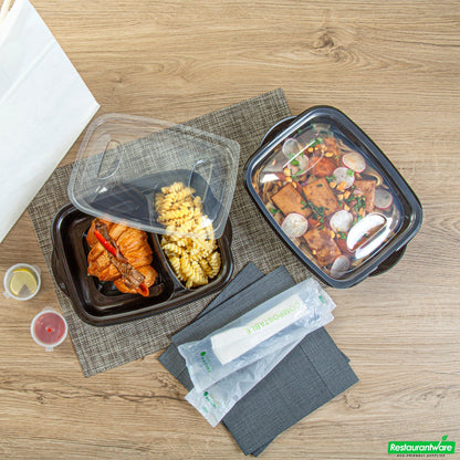 Wholesale Restaurantware 36 Oz Rectangle Black Plastic Food Container - with Clear Lid, Microwavable, 2 Compartments - 8 3/4" X 7" X 2 1/4" - 100 Count Box- Bulk