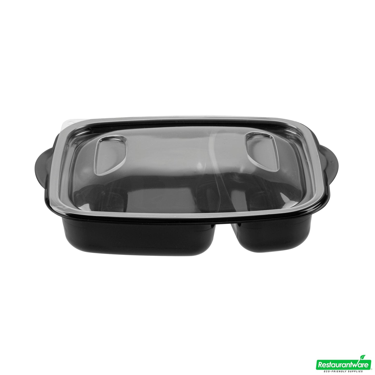 Wholesale Restaurantware 36 Oz Rectangle Black Plastic Food Container - with Clear Lid, Microwavable, 2 Compartments - 8 3/4" X 7" X 2 1/4" - 50 Count Box- Bulk