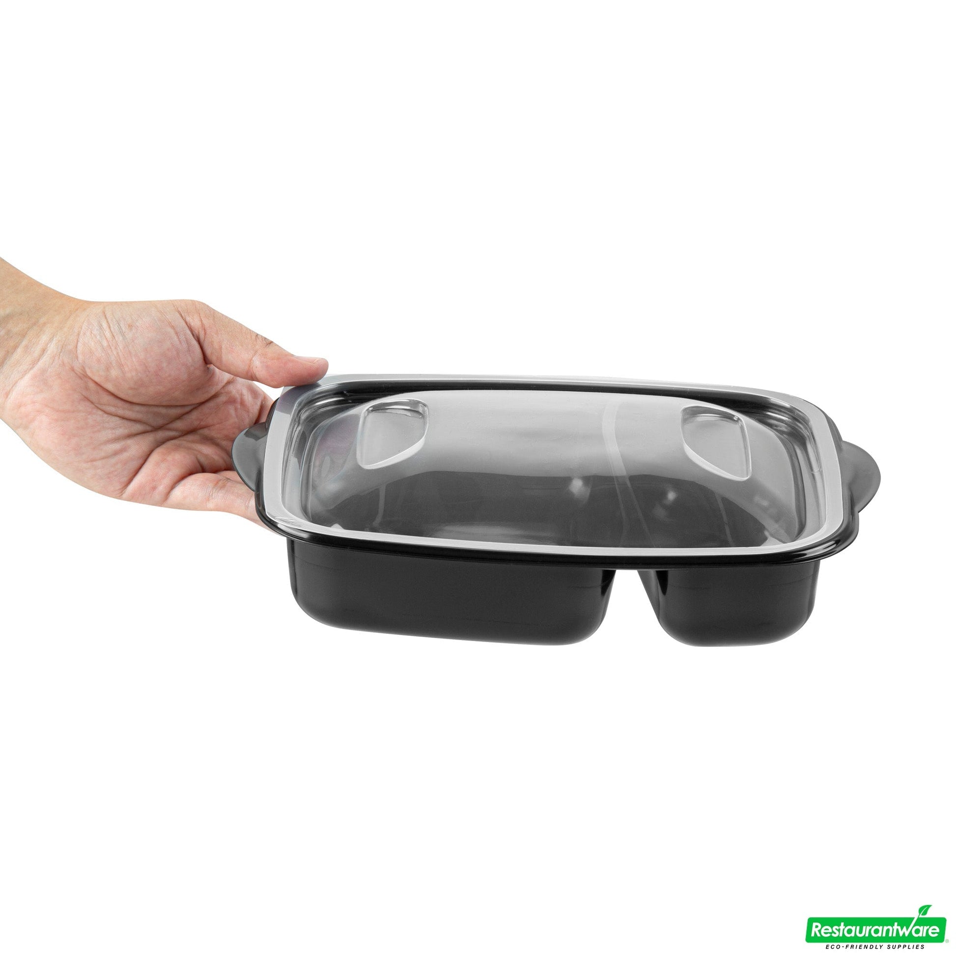 Wholesale Restaurantware 36 Oz Rectangle Black Plastic Food Container - with Clear Lid, Microwavable, 2 Compartments - 8 3/4" X 7" X 2 1/4" - 50 Count Box- Bulk