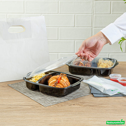 Wholesale Restaurantware 36 Oz Rectangle Black Plastic Food Container - with Clear Lid, Microwavable, 2 Compartments - 8 3/4" X 7" X 2 1/4" - 50 Count Box- Bulk