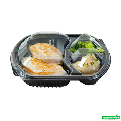 Wholesale Restaurantware 36 Oz Rectangle Black Plastic Food Container - with Clear Lid, Microwavable, 3 Compartments - 9 1/4" X 8" X 2 3/4" - 50 Count Box- Bulk