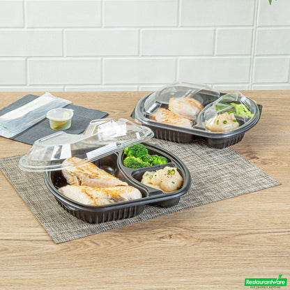 Wholesale Restaurantware 36 Oz Rectangle Black Plastic Food Container - with Clear Lid, Microwavable, 3 Compartments - 9 1/4" X 8" X 2 3/4" - 50 Count Box- Bulk