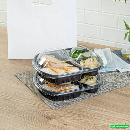 Wholesale Restaurantware 36 Oz Rectangle Black Plastic Food Container - with Clear Lid, Microwavable, 3 Compartments - 9 1/4" X 8" X 2 3/4" - 50 Count Box- Bulk