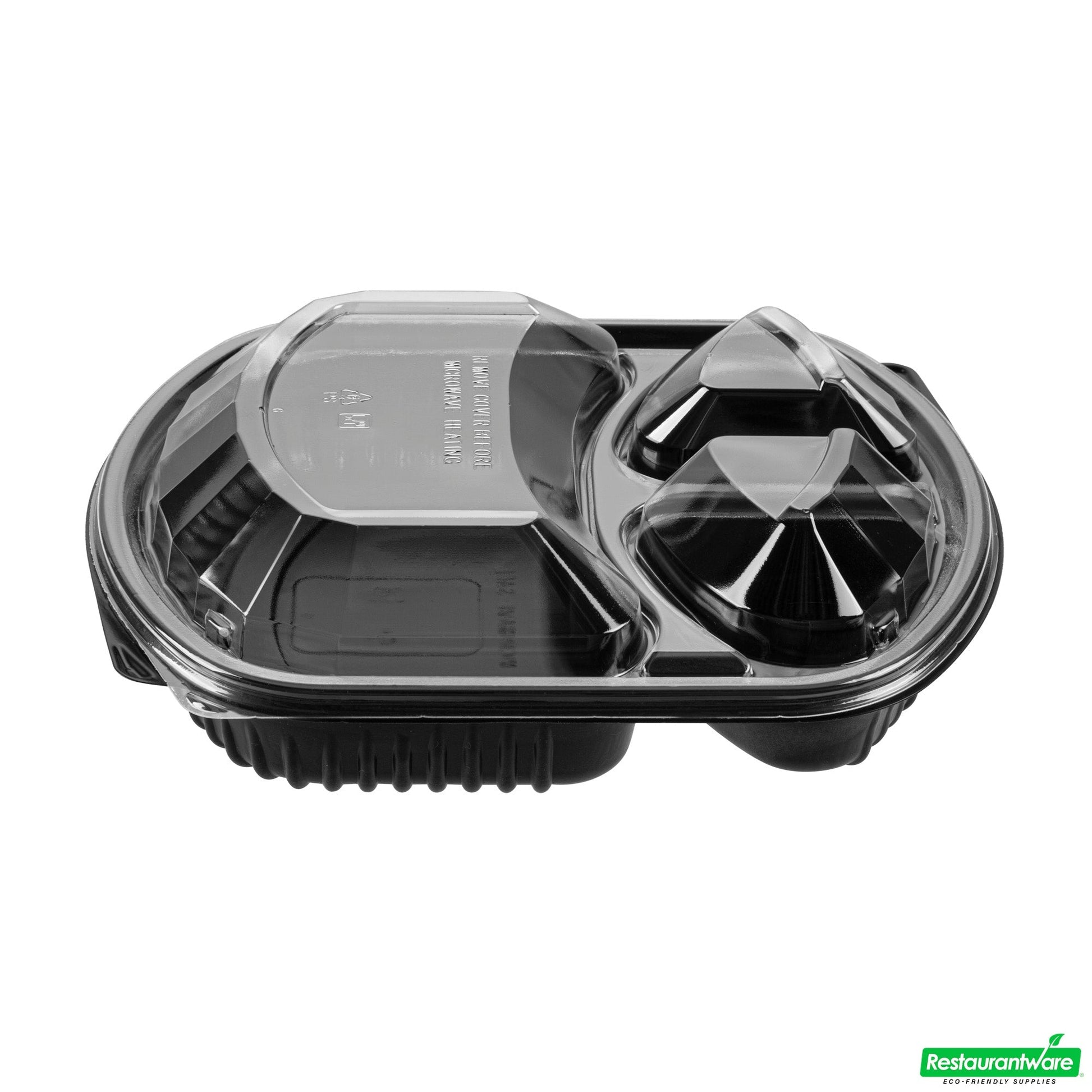 Wholesale Restaurantware 36 Oz Rectangle Black Plastic Food Container - with Clear Lid, Microwavable, 3 Compartments - 9 1/4" X 8" X 2 3/4" - 50 Count Box- Bulk