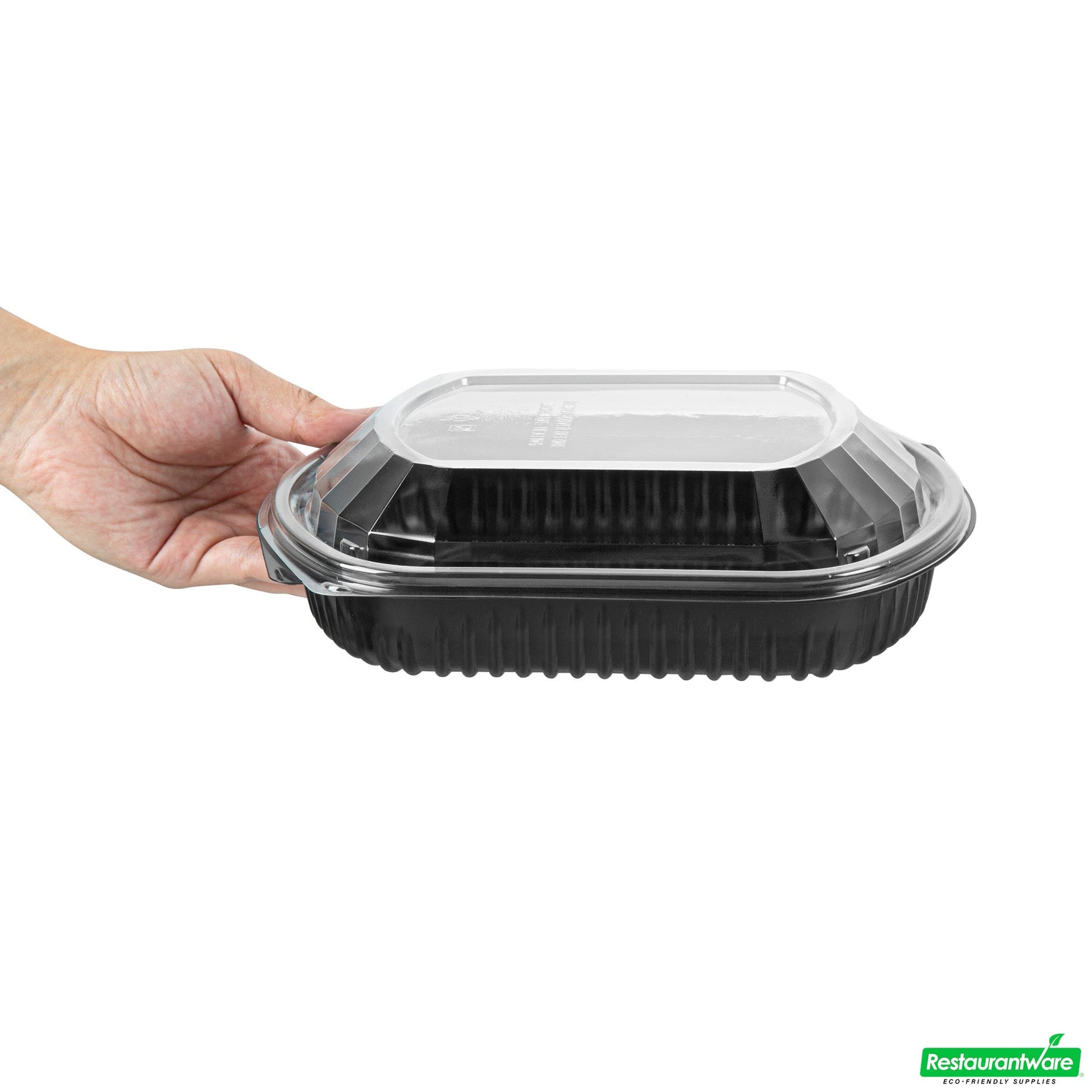 Wholesale Restaurantware 36 Oz Rectangle Black Plastic Food Container - with Clear Lid, Microwavable - 9 1/4" X 7 3/4" X 2 3/4" - 50 Count Box- Bulk