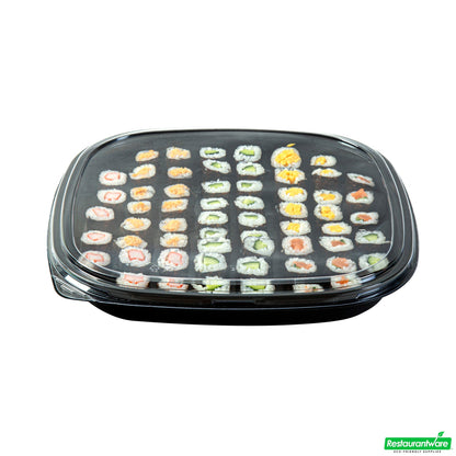 Wholesale Restaurantware Roku Square Black Plastic Take Out Sushi Tray - with Clear Lid - 12 1/2" X 12 1/2" X 1 3/4" - 100 Count Box- Bulk