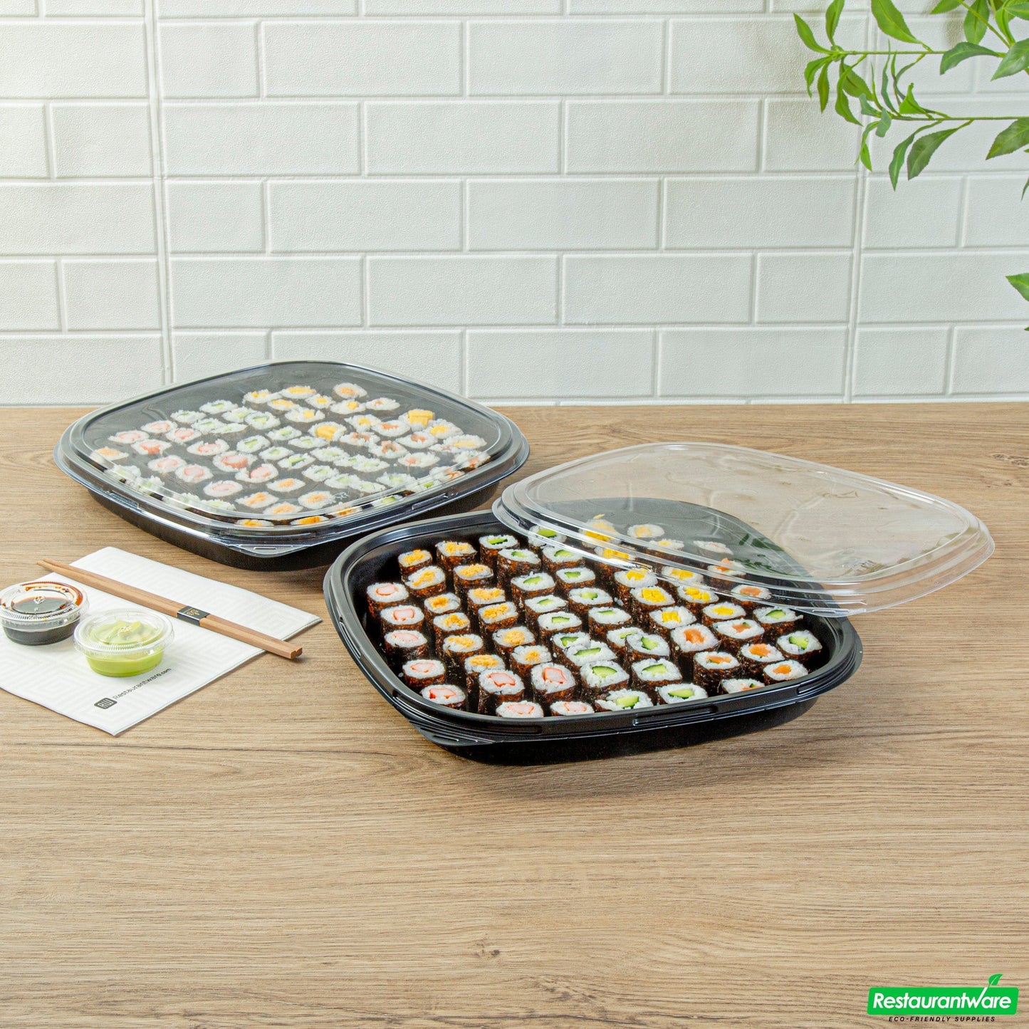 Wholesale Restaurantware Roku Square Black Plastic Take Out Sushi Tray - with Clear Lid - 12 1/2" X 12 1/2" X 1 3/4" - 100 Count Box- Bulk