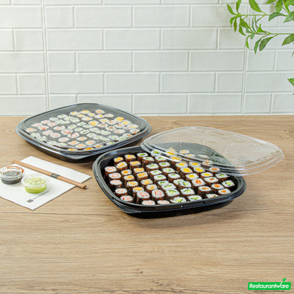 Wholesale Restaurantware Roku Square Black Plastic Take Out Sushi Tray - with Clear Lid - 12 1/2" X 12 1/2" X 1 3/4" - 100 Count Box- Bulk
