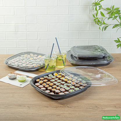 Wholesale Restaurantware Roku Square Black Plastic Take Out Sushi Tray - with Clear Lid - 12 1/2" X 12 1/2" X 1 3/4" - 100 Count Box- Bulk