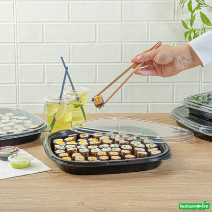 Wholesale Restaurantware Roku Square Black Plastic Take Out Sushi Tray - with Clear Lid - 12 1/2" X 12 1/2" X 1 3/4" - 100 Count Box- Bulk