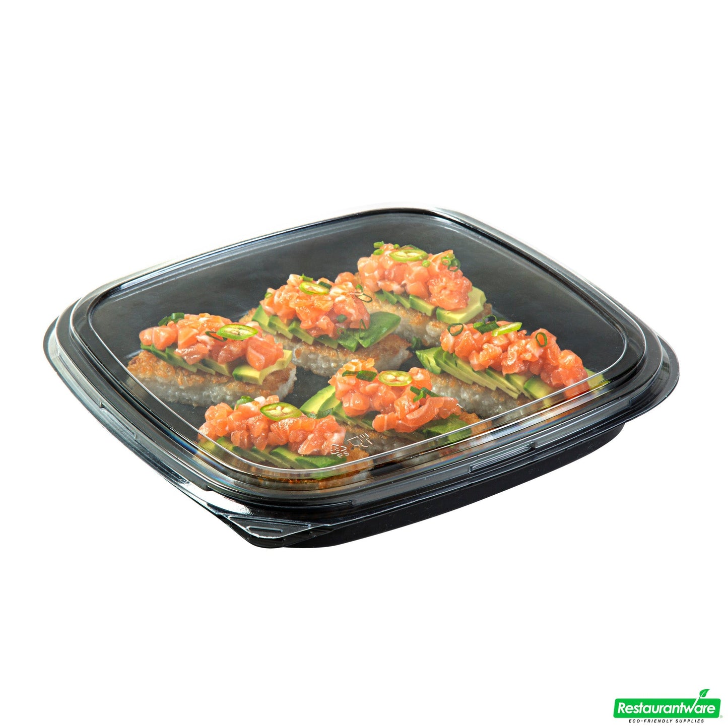 Wholesale Restaurantware Roku Square Black Plastic Take Out Sushi Tray - with Clear Lid - 10 3/4" X 10 3/4" X 1 3/4" - 100 Count Box- Bulk