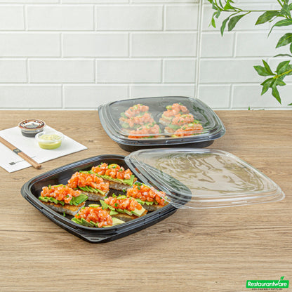 Wholesale Restaurantware Roku Square Black Plastic Take Out Sushi Tray - with Clear Lid - 10 3/4" X 10 3/4" X 1 3/4" - 100 Count Box- Bulk