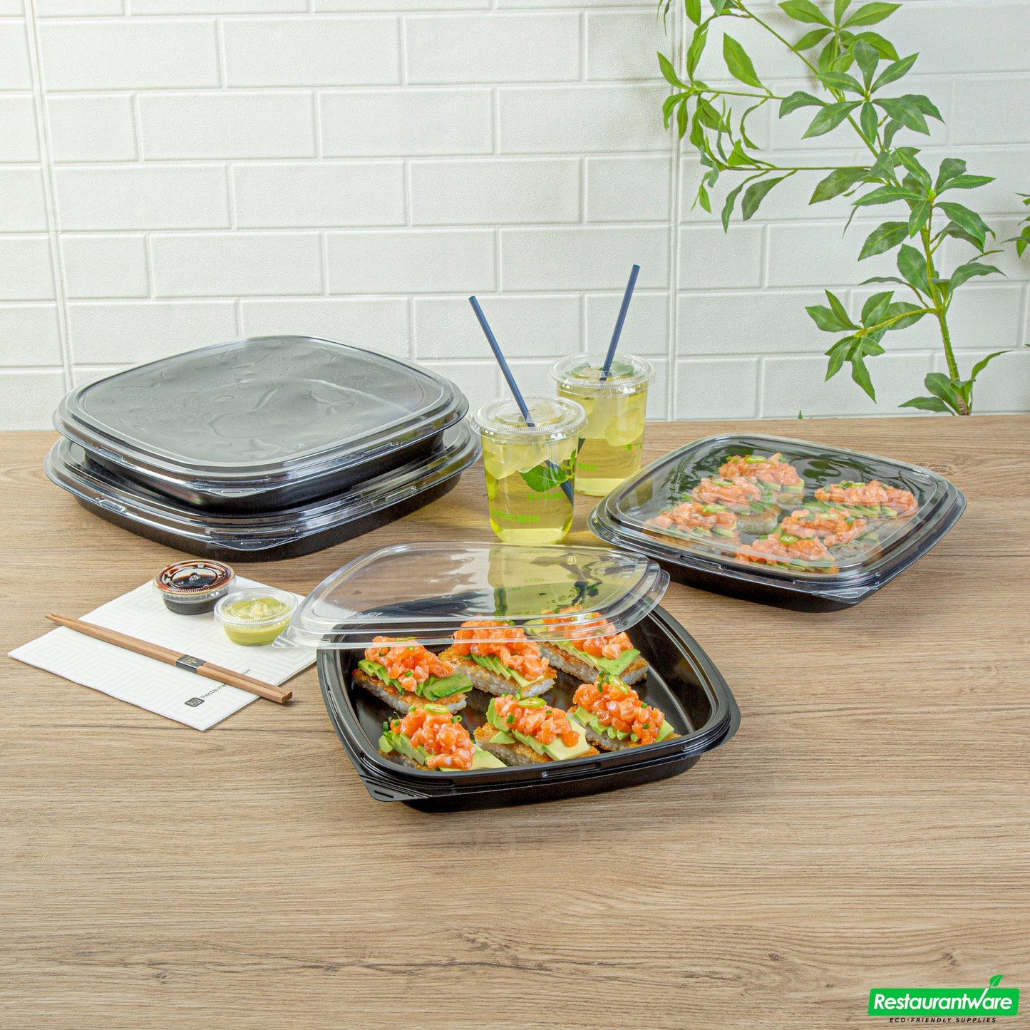 Wholesale Restaurantware Roku Square Black Plastic Take Out Sushi Tray - with Clear Lid - 10 3/4" X 10 3/4" X 1 3/4" - 100 Count Box- Bulk