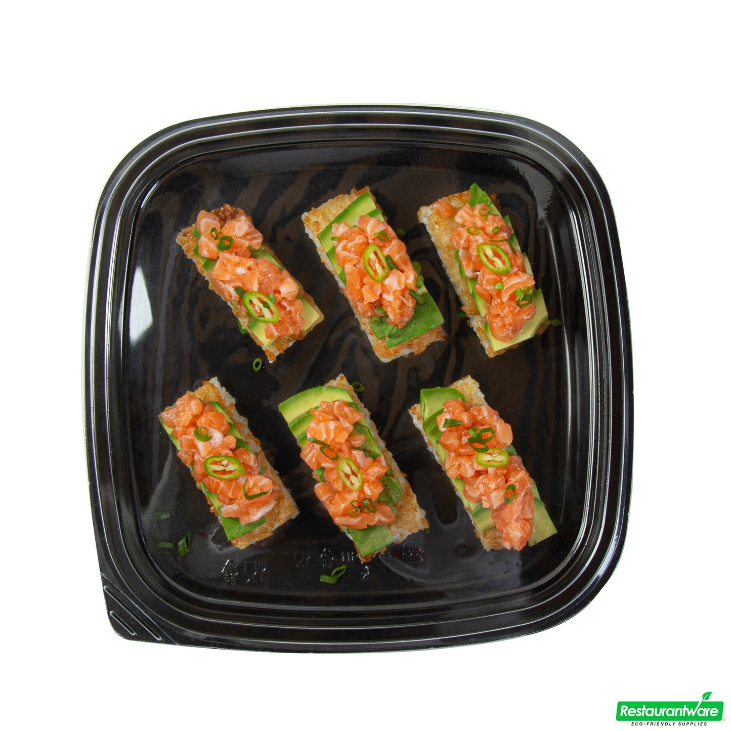 Wholesale Restaurantware Roku Square Black Plastic Take Out Sushi Tray - with Clear Lid - 10 3/4" X 10 3/4" X 1 3/4" - 50 Count Box- Bulk