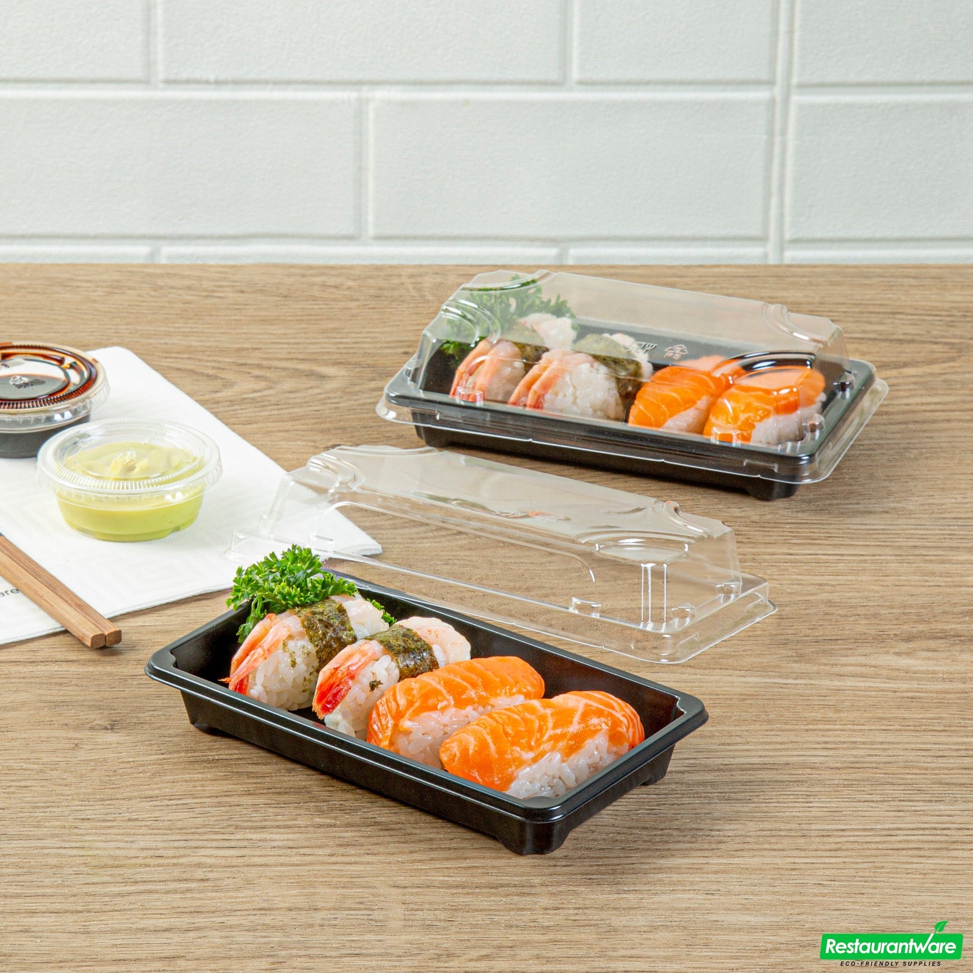 Wholesale Restaurantware Roku Rectangle Black Plastic Take Out Sushi Tray - with Clear Lid - 6" X 3 1/2" X 1 3/4" - 100 Count Box- Bulk