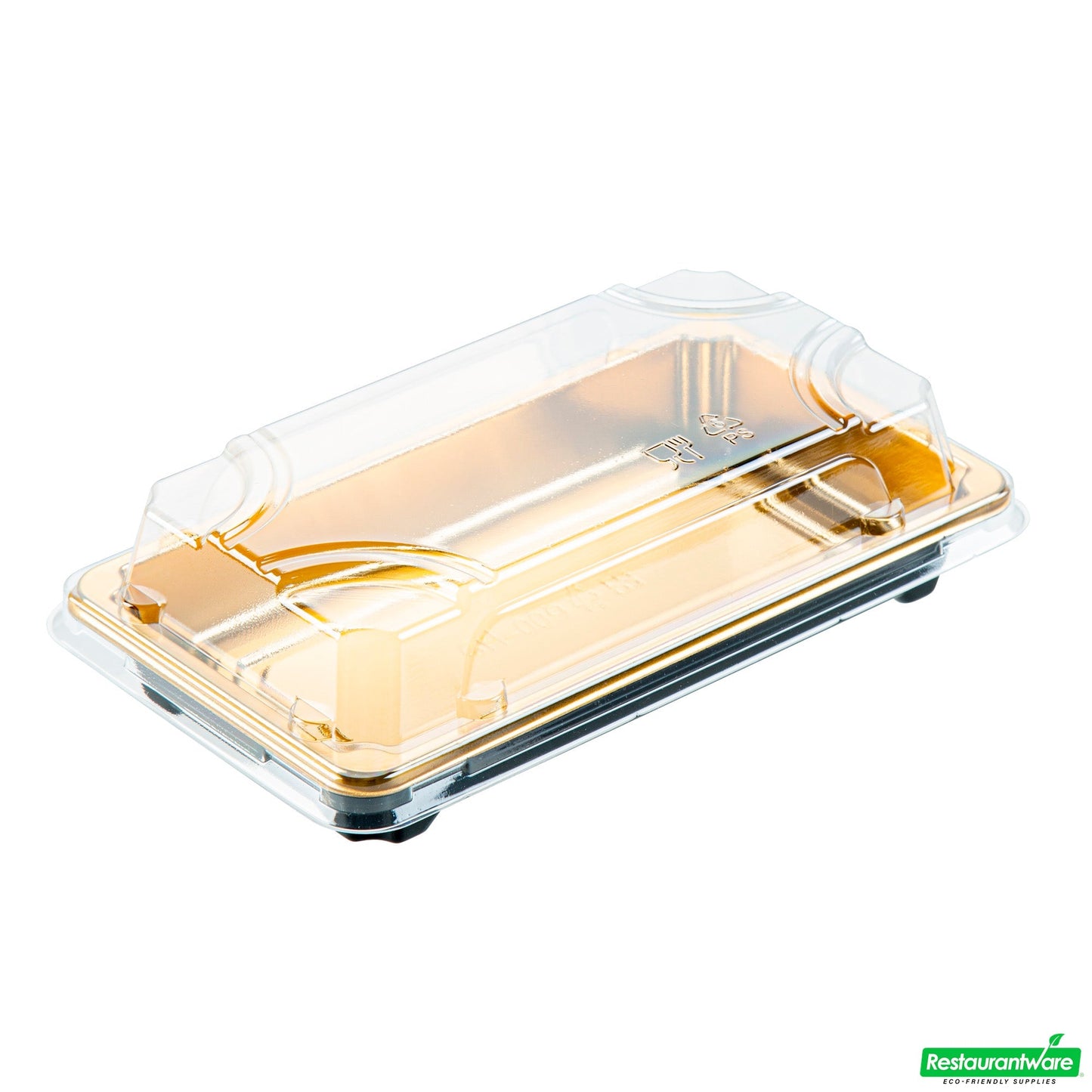 Wholesale Restaurantware Roku Rectangle Gold Plastic Take Out Sushi Tray - with Clear Lid - 6" X 3 1/2" X 1 3/4" - 100 Count Box- Bulk
