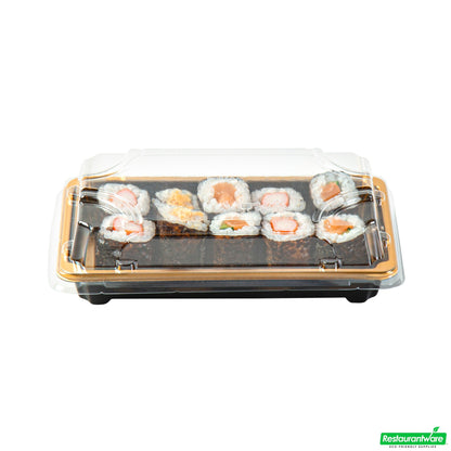 Wholesale Restaurantware Roku Rectangle Gold Plastic Take Out Sushi Tray - with Clear Lid - 6" X 3 1/2" X 1 3/4" - 100 Count Box- Bulk