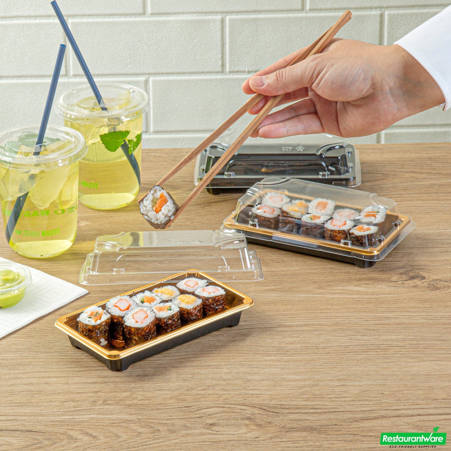 Wholesale Restaurantware Roku Rectangle Gold Plastic Take Out Sushi Tray - with Clear Lid - 6" X 3 1/2" X 1 3/4" - 100 Count Box- Bulk