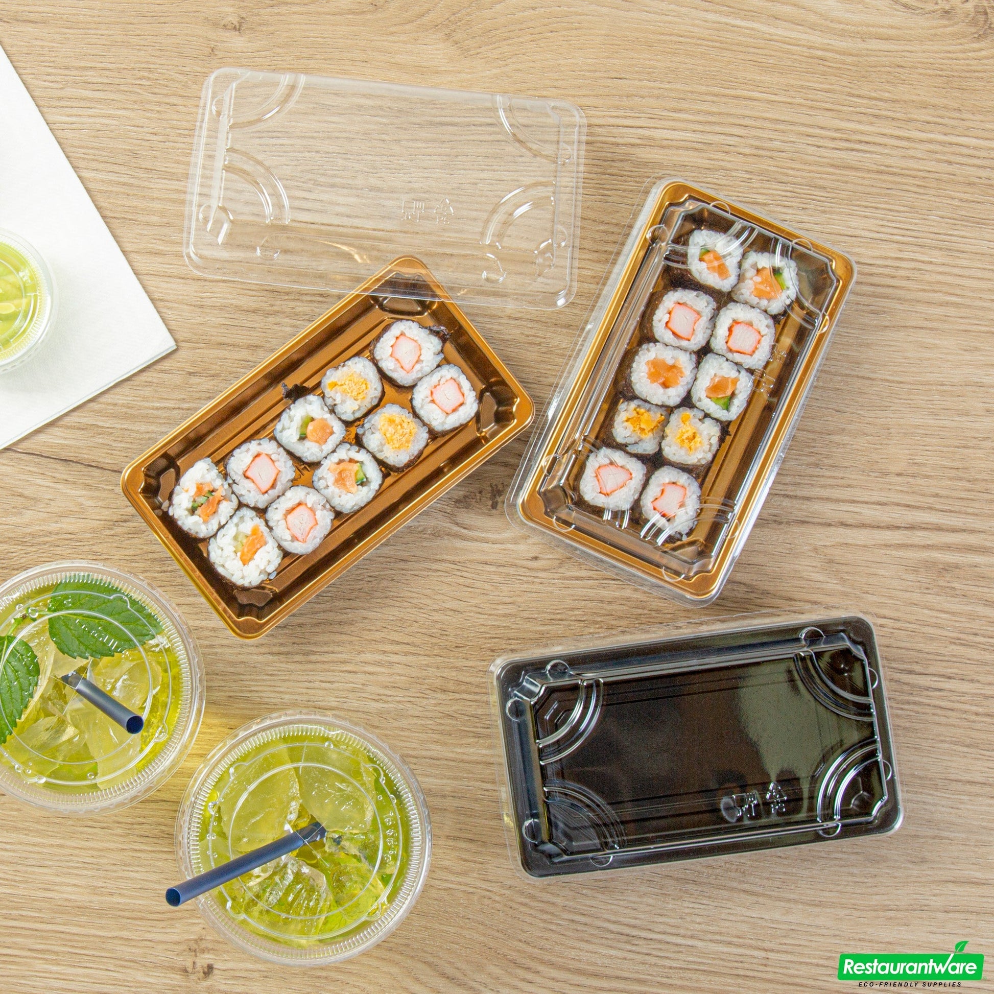 Wholesale Restaurantware Roku Rectangle Gold Plastic Take Out Sushi Tray - with Clear Lid - 6" X 3 1/2" X 1 3/4" - 100 Count Box- Bulk